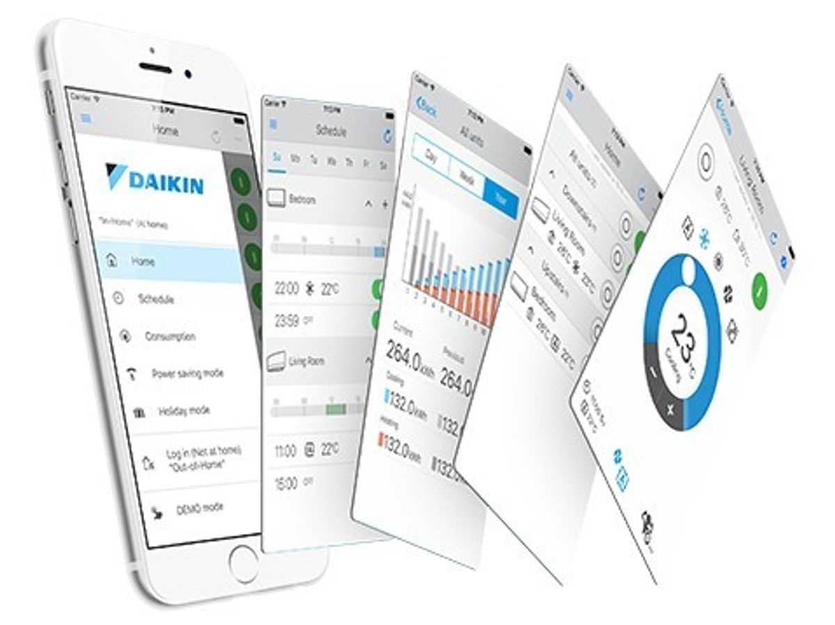 Mobiltelefoner med fem ulike skjermbilder av Daikin Online Controller for fjernstyring av varmepumpe