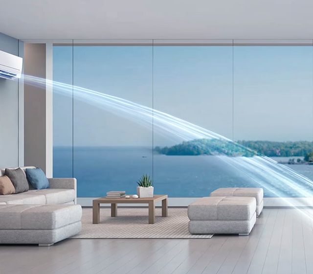 Azira aircondition på stue med illustrert luftstrøm
